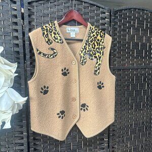 Lisa International Vintage Brown Leopard Boiled Wool Sweater Vest Size Large
